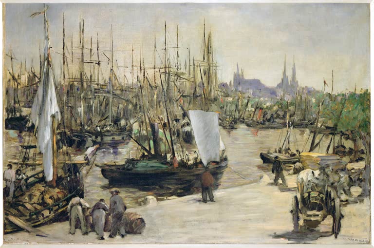 Édouard Manet Der Hafen von Bordeaux Kunstkopie, Segelschiffe und Lastenträger am Kai, im Dunst die Türme der Stadt