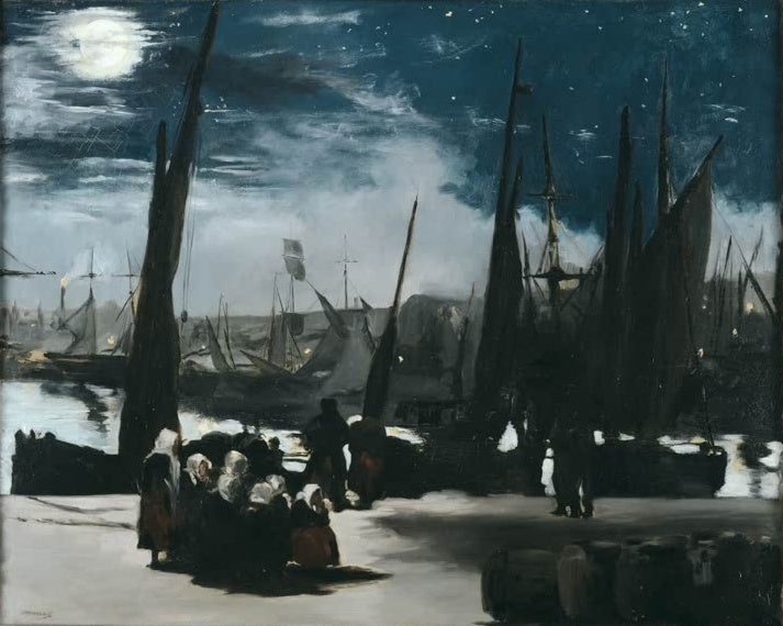 Édouard Manet Der Hafen von Boulogne im Mondlicht Kunstkopie, Segelschiffe, Mond und wartende Frauen am nächtlichen Hafen