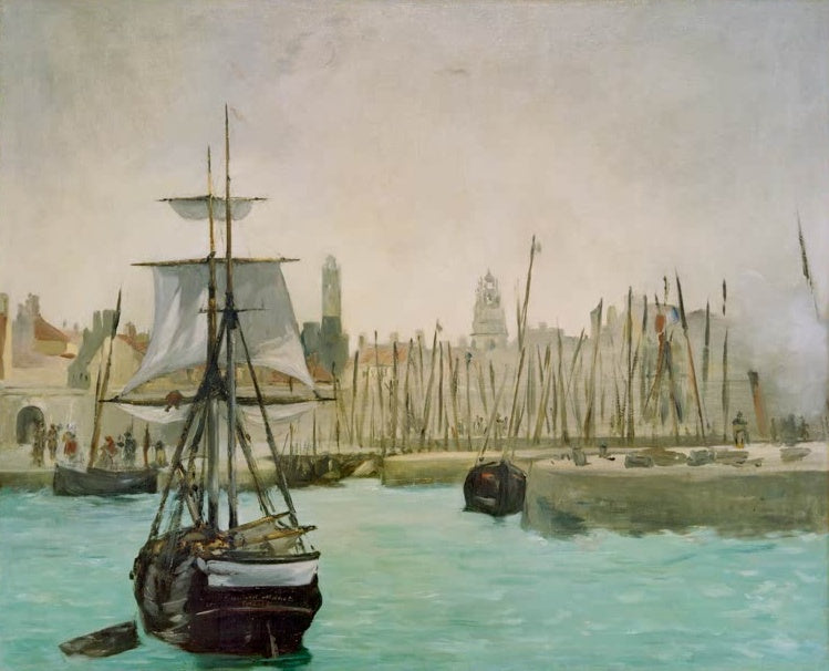 Édouard Manet Der Hafen von Calais Kunstkopie, Segelschiff mit gerefften Segeln im türkisfarbenen Hafenwasser vor Mastenwald