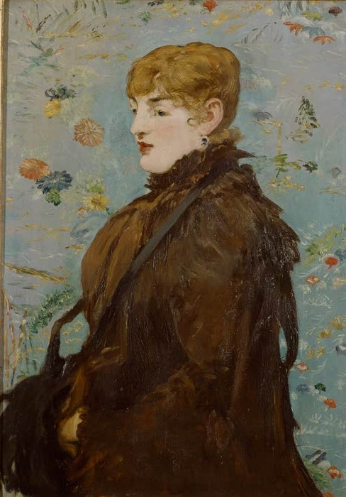 Édouard Manet Der Herbst (Méry Laurent) Kunstkopie, blonde Frau im braunen Pelz vor blauer Tapete mit Blumenmuster