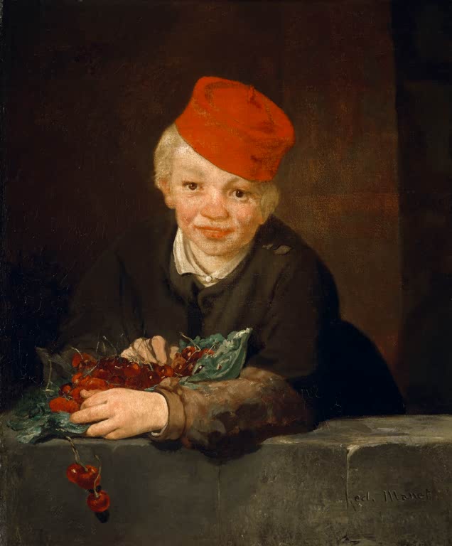 Édouard Manet Der Knabe mit den Kirschen Kunstkopie, blonder Junge mit roter Mütze und Kirschen auf einer Steinbrüstung
