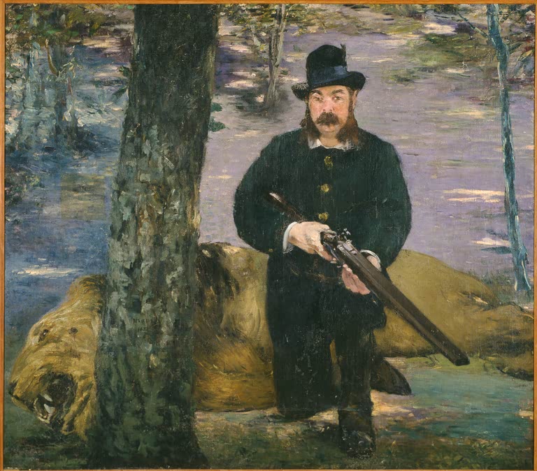 Édouard Manet Der Löwenjäger Pertuiset Kunstkopie, Jäger mit Gewehr neben einem erlegten Löwen unter Bäumen