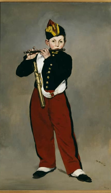 Édouard Manet Der Pfeifer Kunstkopie, junger Musiker in Uniform mit roter Hose und Querpfeife vor grauem grauem Hintergrund