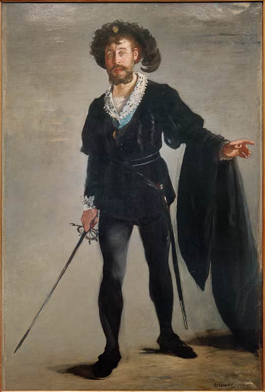 Édouard Manet Der Sänger Faure als Hamlet, Essen 1877 Kunstkopie, ganzfigurig in schwarzem Kostüm vor grauem Grund