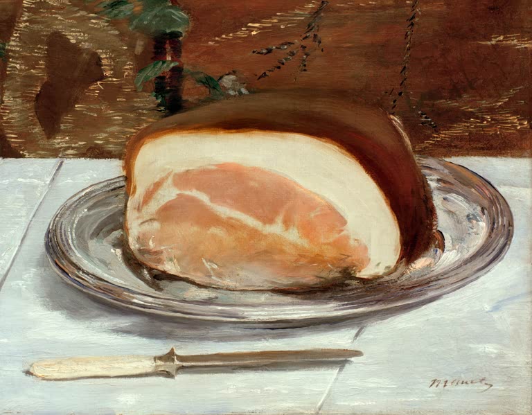 Édouard Manet Der Schinken Kunstkopie, angeschnittener Schinken auf silberner Platte neben einem Messer auf weißem Tuch