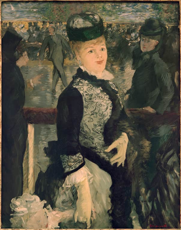 Édouard Manet Der Schlittschuhlauf Kunstkopie, elegante Dame in dunkler Kleidung vor einer belebten Bahn mit Zuschauern