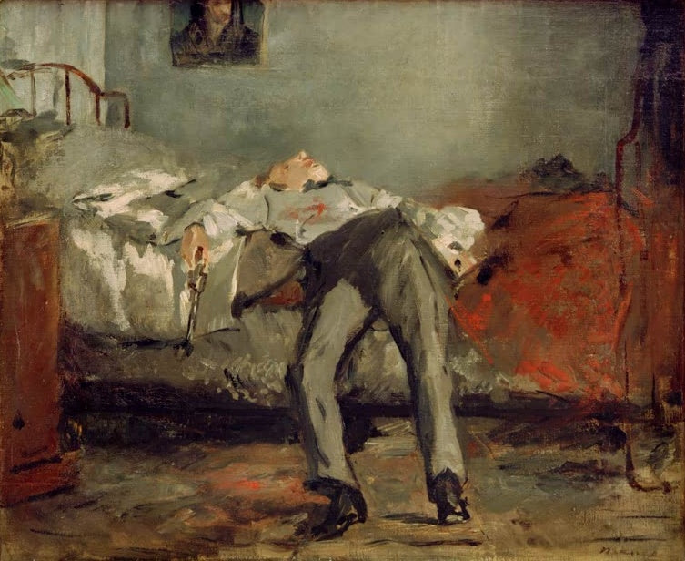 Édouard Manet Der Selbstmörder Kunstkopie, Mann mit Pistole in der Hand auf einem Bett in grauem Zimmer
