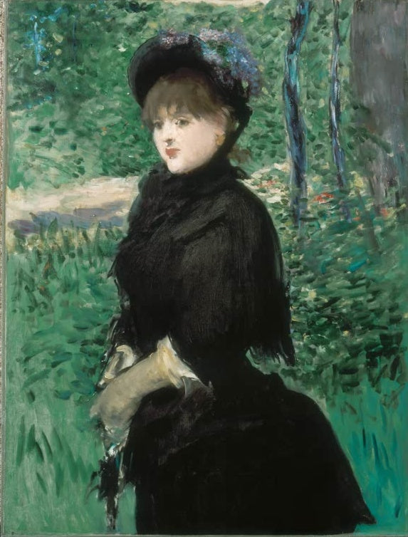 Édouard Manet Der Spaziergang (Madame Gamby) Kunstkopie, Dame in Schwarz mit Blumenhut im grünen Park
