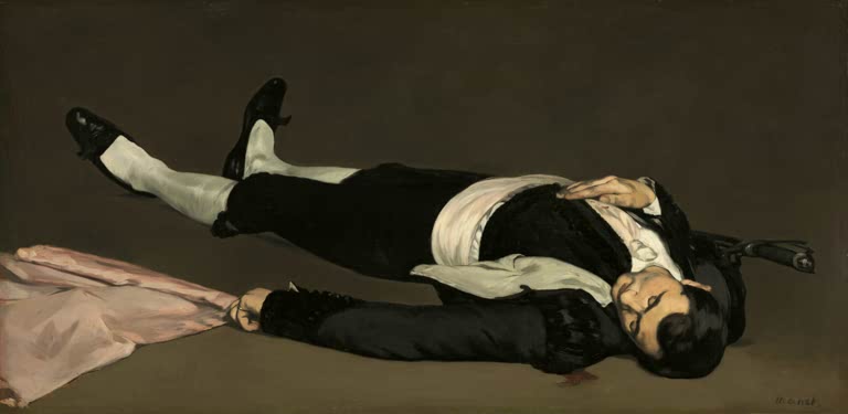 Édouard Manet Der tote Torero Kunstkopie, ausgestreckt liegender Stierkämpfer in schwarzer Tracht auf dunklem Grund