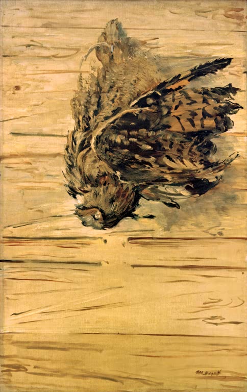 Édouard Manet Der tote Uhu Kunstkopie, ein Uhu mit gebreiteten Flügeln liegt auf hellen Holzbrettern