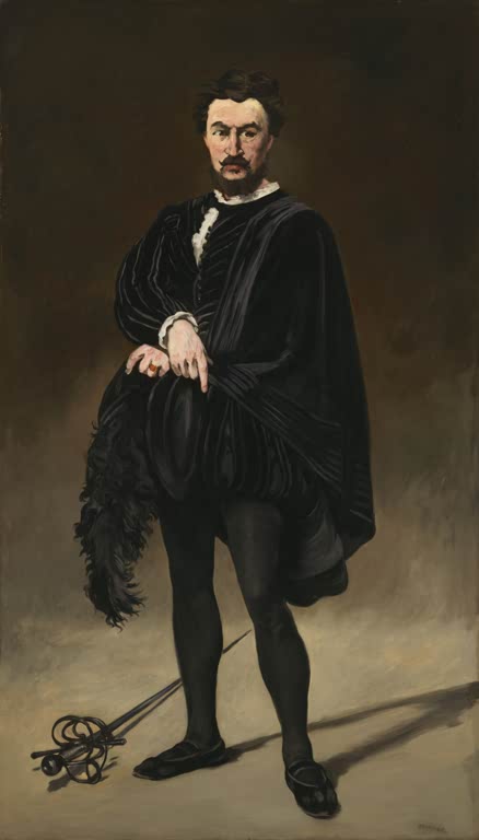 Édouard Manet Der tragische Schauspieler (Rouvière als Hamlet) Kunstkopie, Schauspieler in Schwarz mit Degen am Boden