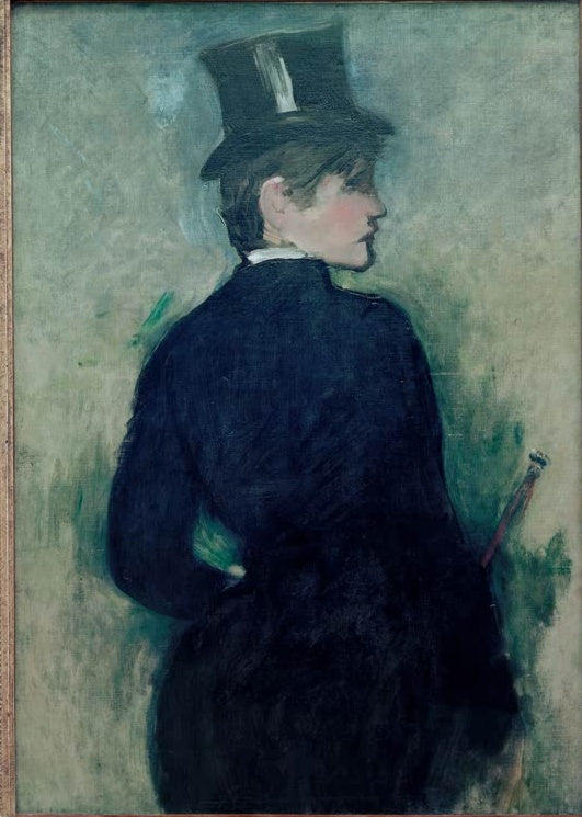 Édouard Manet Die Amazone Kunstkopie, Reiterin mit Zylinder und dunklem Reitjackett vor grünlich grauem Grund