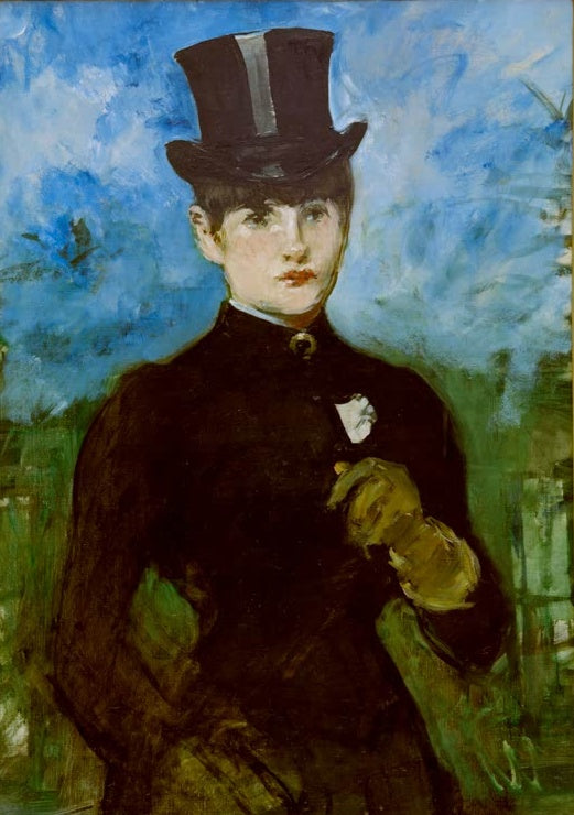 Édouard Manet Die Amazone, Madrid Kunstkopie, Reiterin mit Zylinder im dunklen Reitkleid vor leuchtend blauem Grund