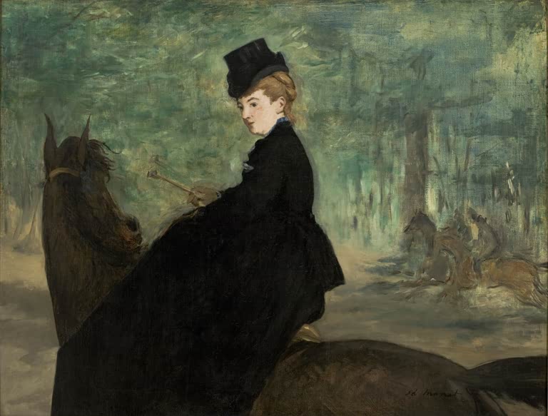 Édouard Manet Die Amazone, São Paulo Kunstkopie, Reiterin in dunklem Kostüm und Zylinder auf braunem Pferd