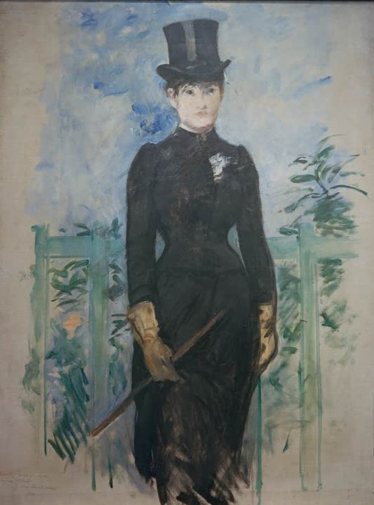 Édouard Manet Die Amazone Kunstkopie, Reiterin in schwarzem Reitkostüm mit Zylinder und Gerte vor blauem Grund