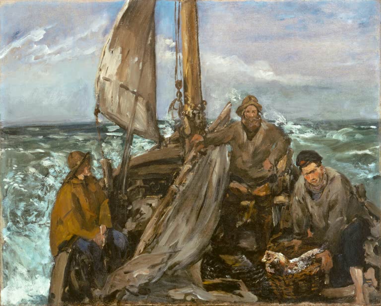 Édouard Manet Die Arbeiter des Meeres Kunstkopie, drei Fischer auf einem Boot mit Segel vor aufgewühlter See