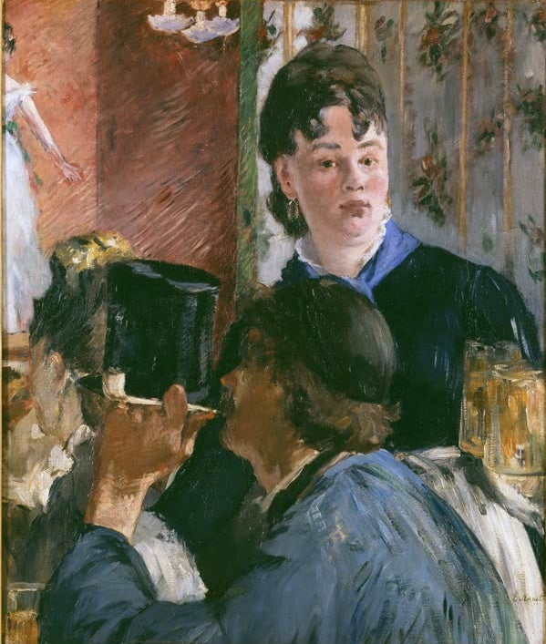 Édouard Manet Die Bierkellnerin Kunstkopie, Kellnerin mit Bierkrügen hinter einem Gast mit Zylinder in einem Pariser Lokal