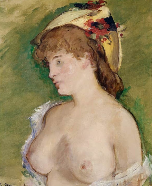 Édouard Manet Die Blonde mit entblößten Brüsten Kunstkopie, Halbakt einer jungen Frau im Profil mit Hut vor grünem Grund