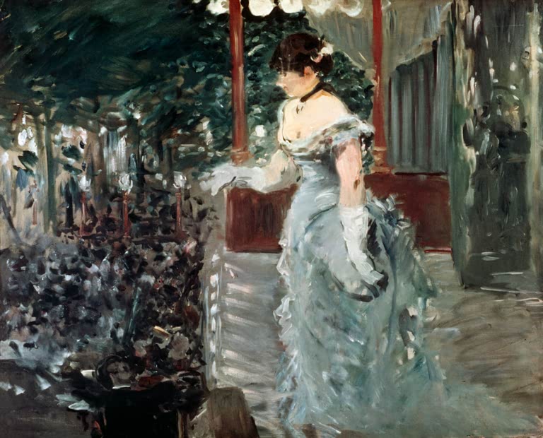 Édouard Manet Die Café-concert-Sängerin Kunstkopie, Sängerin im hellblauen Kleid mit weißen Handschuhen vor dunklem Publikum