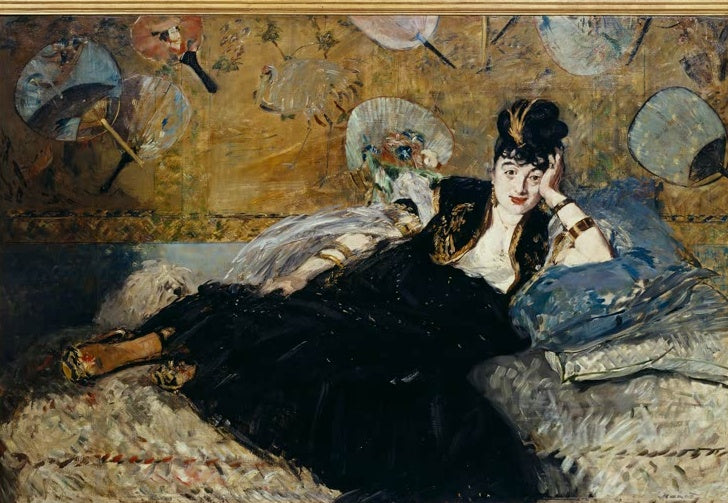 Édouard Manet Die Dame mit den Fächern Kunstkopie, liegende Frau in schwarzem Kleid vor goldener Wand mit Fächern