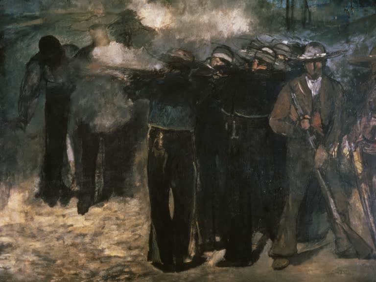 Édouard Manet Die Erschießung Kaiser Maximilians, Boston 1867 Kunstkopie, Hinrichtungskommando im Pulverdampf