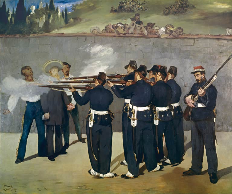 Édouard Manet Erschießung Kaiser Maximilians Kunstkopie, Erschießungskommando vor einer Mauer, Pulverdampf