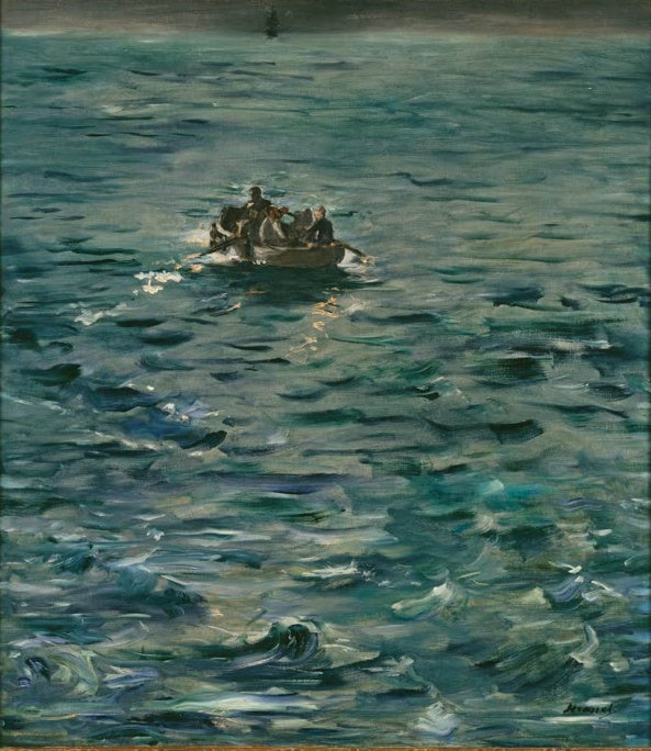 Édouard Manet Die Flucht des Henri Rochefort, Fassung Orsay Kunstkopie, kleines Boot auf grüngrauer weiter See