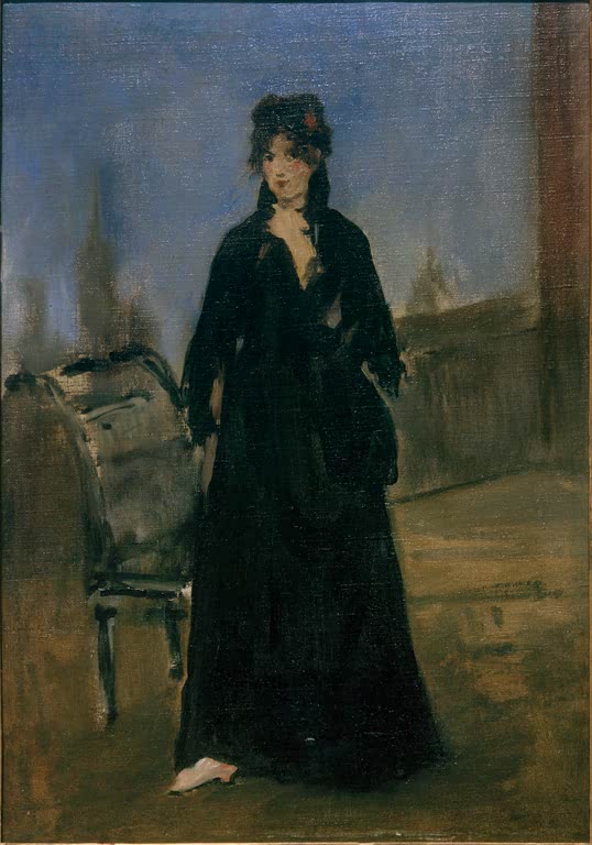 Édouard Manet Die Frau mit dem rosa Schuh Kunstkopie, Frau in schwarzem Kleid vor blauem Himmel neben einem Stuhl