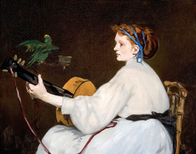 Édouard Manet Die Gitarrenspielerin Kunstkopie, junge Frau in weißem Kleid mit Gitarre und grünem Papagei vor dunklem Grund
