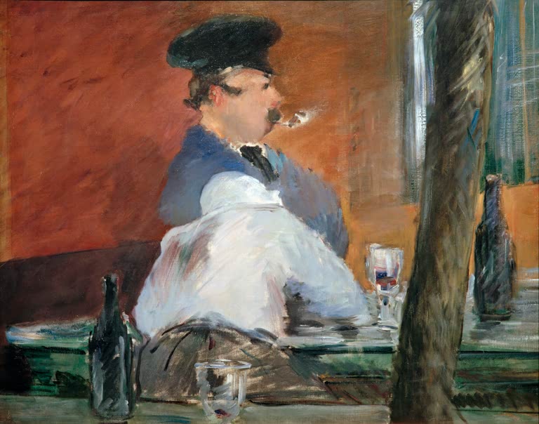 Édouard Manet Die Guinguette Kunstkopie, Wirt mit Mütze und Pfeife an der Theke vor orangeroter Wand
