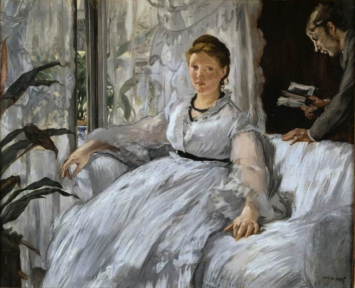 Édouard Manet Die Lektüre Kunstkopie, Frau in hellem Kleid auf einem Sofa, dahinter ein Mann mit Papieren