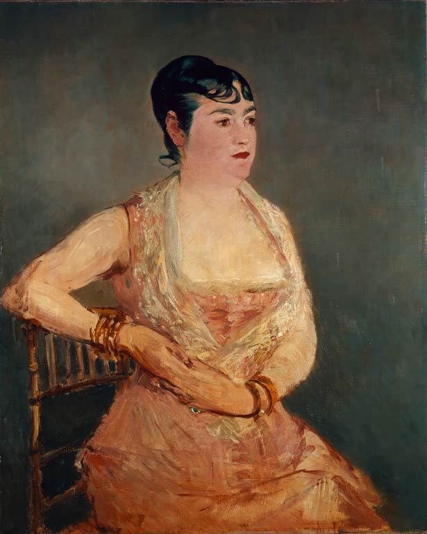 Édouard Manet Die rosa Dame Kunstkopie, sitzende Frau im rosa Kleid mit Goldarmreifen vor graugrünem Hintergrund