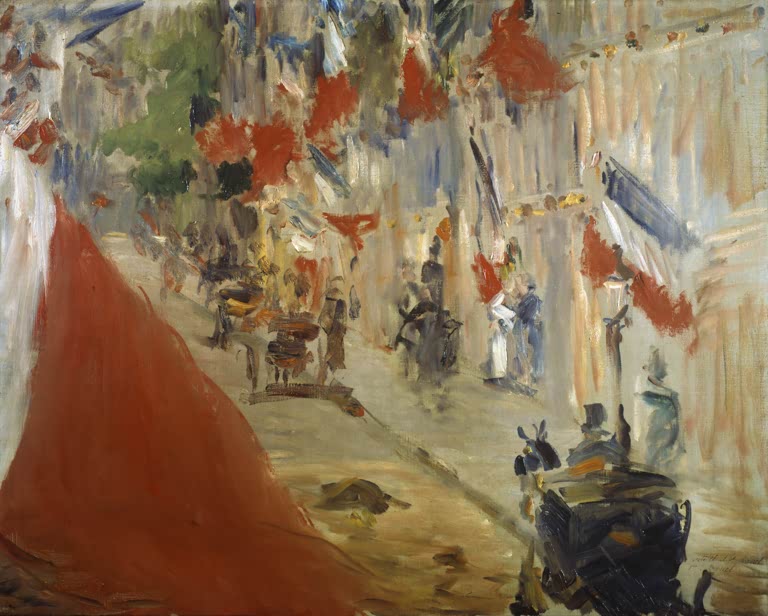 Édouard Manet Die Rue Mosnier mit Fahnen Kunstkopie, beflaggte Pariser Straße mit Kutsche in lockeren Pinselstrichen