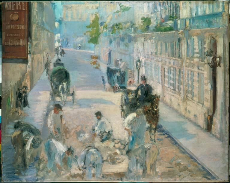 Édouard Manet Die Rue Mosnier mit Pflasterern Kunstkopie, Pariser Straße mit Arbeitern und Kutschen im hellen Licht