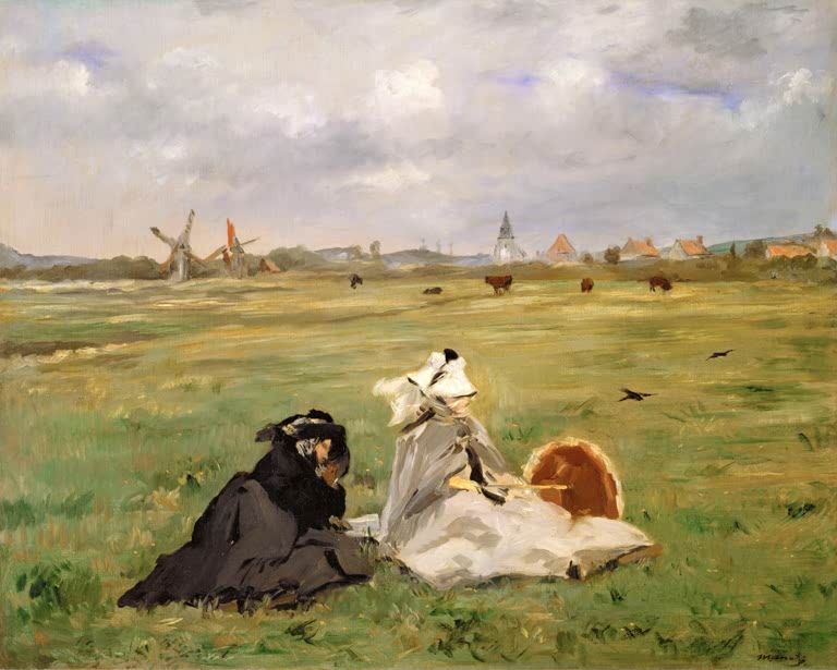 Édouard Manet Die Schwalben Kunstkopie, zwei Frauen sitzen auf einer Wiese unter weitem Wolkenhimmel mit Windmühlen