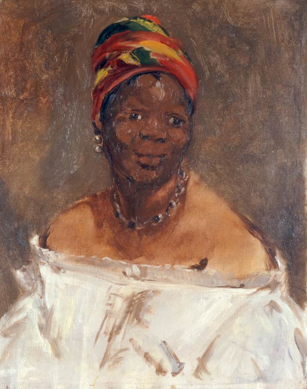 Édouard Manet Die Schwarze Frau Kunstkopie, Bildnis einer lächelnden Frau mit rot-gelbem Kopftuch und weißem Schulterkleid