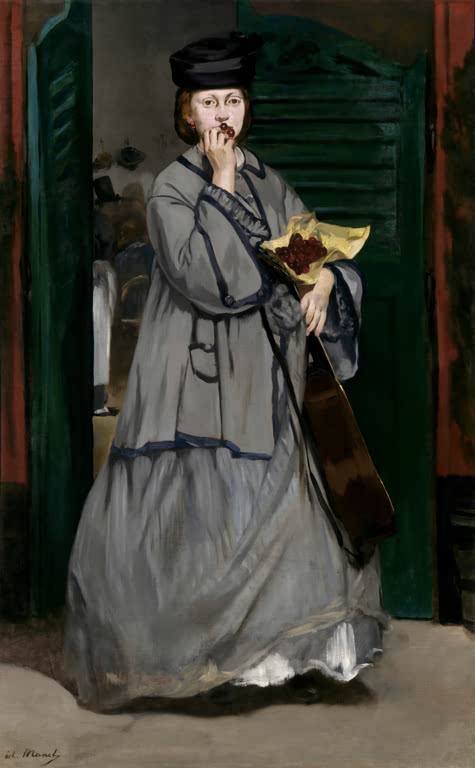 Édouard Manet Die Straßensängerin Kunstkopie, Frau im grauen Mantel mit Gitarre und Kirschen vor grüner Schwingtür