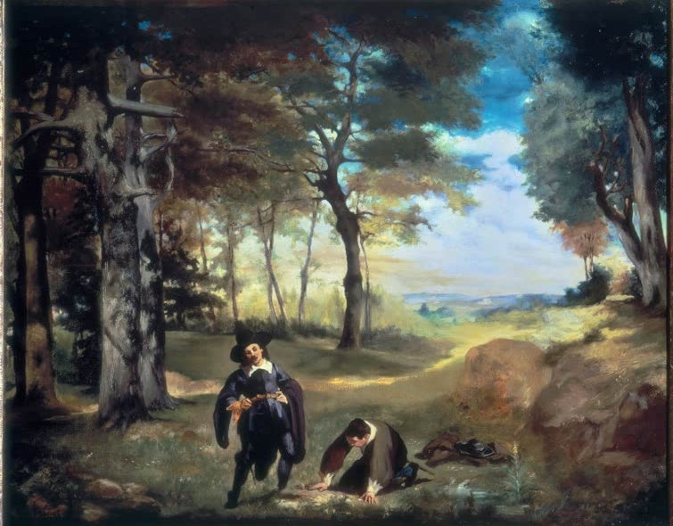 Édouard Manet Die Studenten aus Salamanca Kunstkopie, zwei Männer in historischer Kleidung suchen in einer Waldlichtung