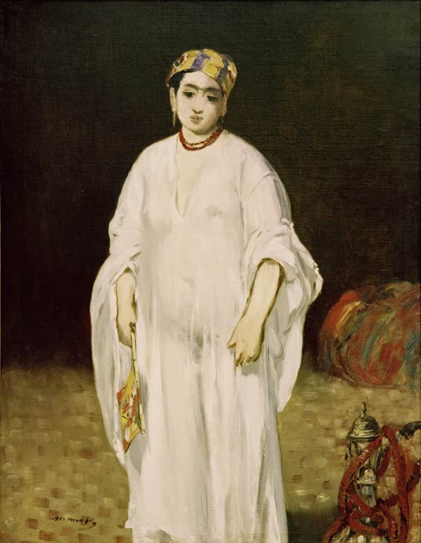 Édouard Manet Die Sultanin Kunstkopie, junge Frau in weißem Gewand und buntem Kopftuch mit Fächer vor dunklem Hintergrund