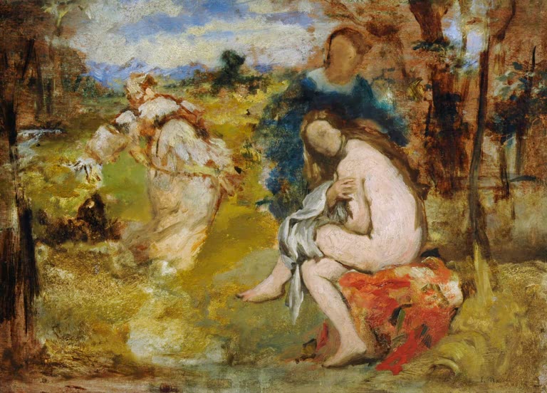 Édouard Manet Die überraschte Nymphe Kunstkopie, Studie einer sitzenden nackten Frau mit Tuch in Ocker und Braun
