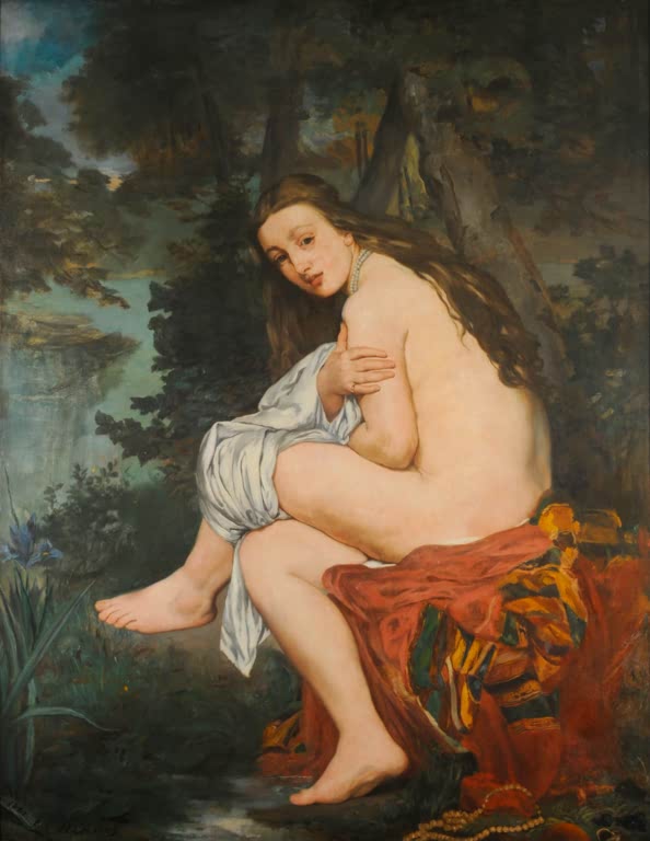 Édouard Manet Die überraschte Nymphe Kunstkopie, sitzender weiblicher Akt mit rotem Tuch am Waldrand über einem Gewässer