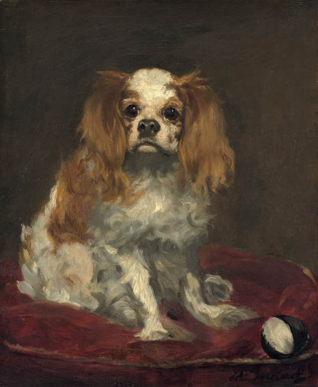 Édouard Manet Ein King-Charles-Spaniel Kunstkopie, weiß-brauner Spaniel sitzt auf einem roten Kissen mit Ball