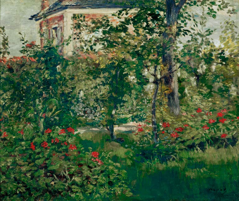 Édouard Manet Ein Winkel im Garten von Bellevue Kunstkopie, üppiger Garten mit roten Blüten und Haus im Laub