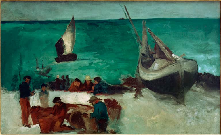Édouard Manet Fischerboote und Fischer bei Berck-sur-Mer Kunstkopie, Boote am Strand vor türkisgrünem Meer