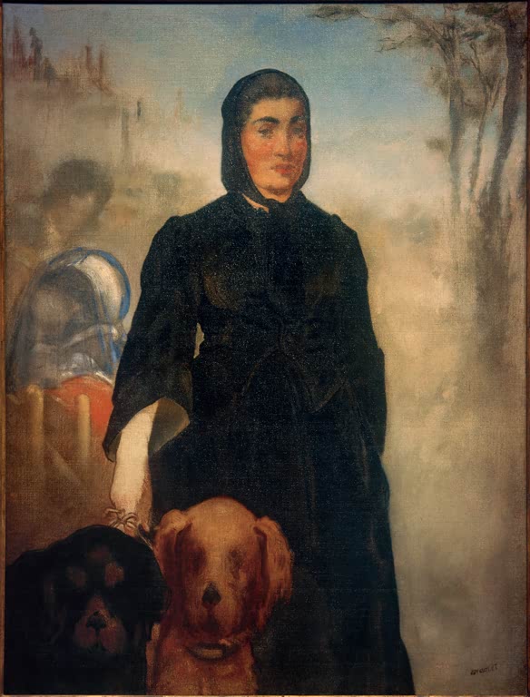 Édouard Manet Frau mit Hunden Kunstkopie, Dame in schwarzem Kleid und Kopftuch mit zwei Hunden vor dunstiger Landschaft