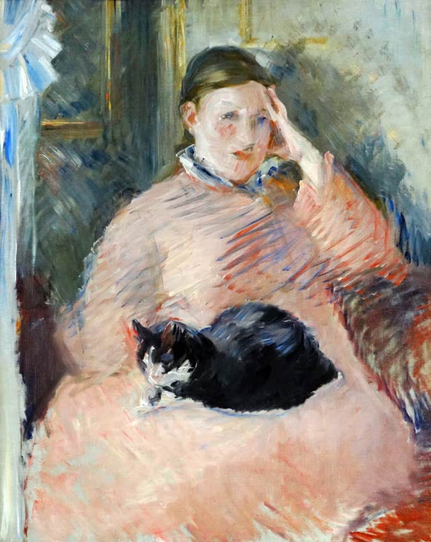 Édouard Manet Frau mit Katze Kunstkopie, Frau in rosafarbenem Gewand mit schwarzer Katze im Schoß, Kopf auf die Hand gestützt