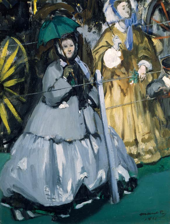 Édouard Manet Frauen beim Rennen Kunstkopie, Frau im grauen Reifrock mit grünem Schirm vor einer Dame in Ocker
