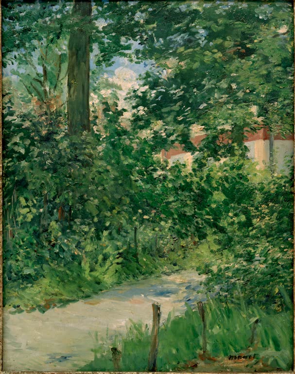 Édouard Manet Gartenallee in Rueil Kunstkopie, sonniger Gartenweg zwischen dichtem grünem Laub und Zaunpfählen