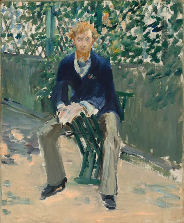 Édouard Manet George Moore im Garten des Künstlers Kunstkopie, rothaariger Mann in blauem Jackett auf grüner Gartenbank