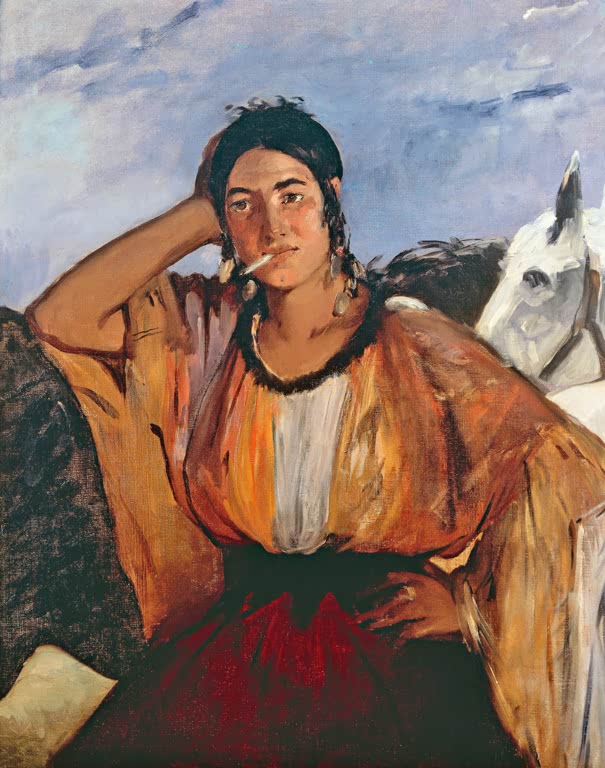 Édouard Manet Gitane mit Zigarette Kunstkopie, junge Frau mit Zigarette und weißem Pferd vor wolkigem Himmel